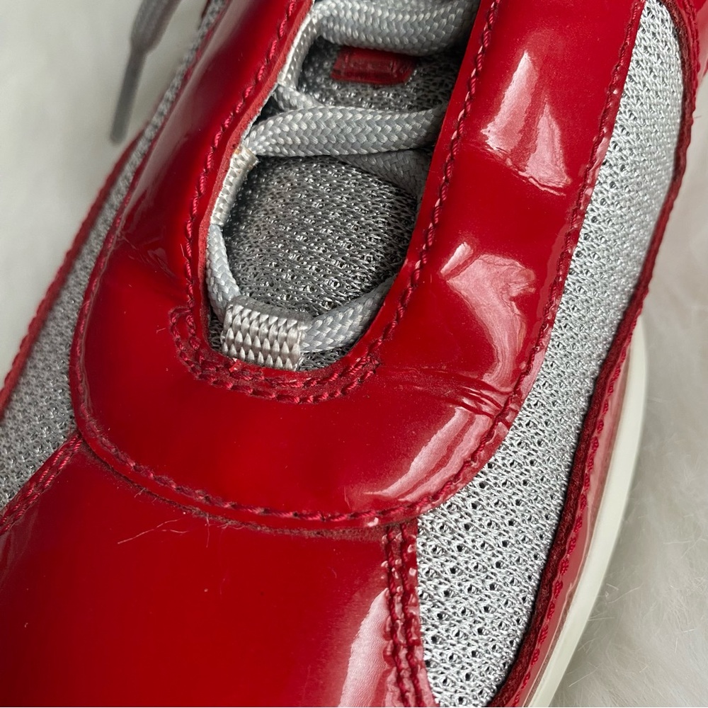 Prada America’s Cup Red Patent Leather & Silver Mesh Lace-Up Men’s Sneakers - Picture 11 of 16